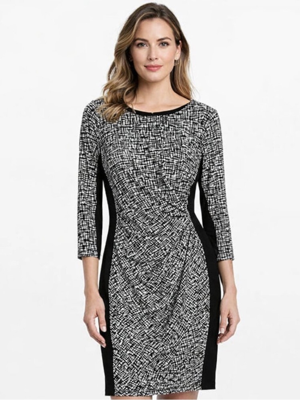 Ralph Lauren Black & White Print 3/4 Sleeve Ruched Stretch Sheath Dress size 8